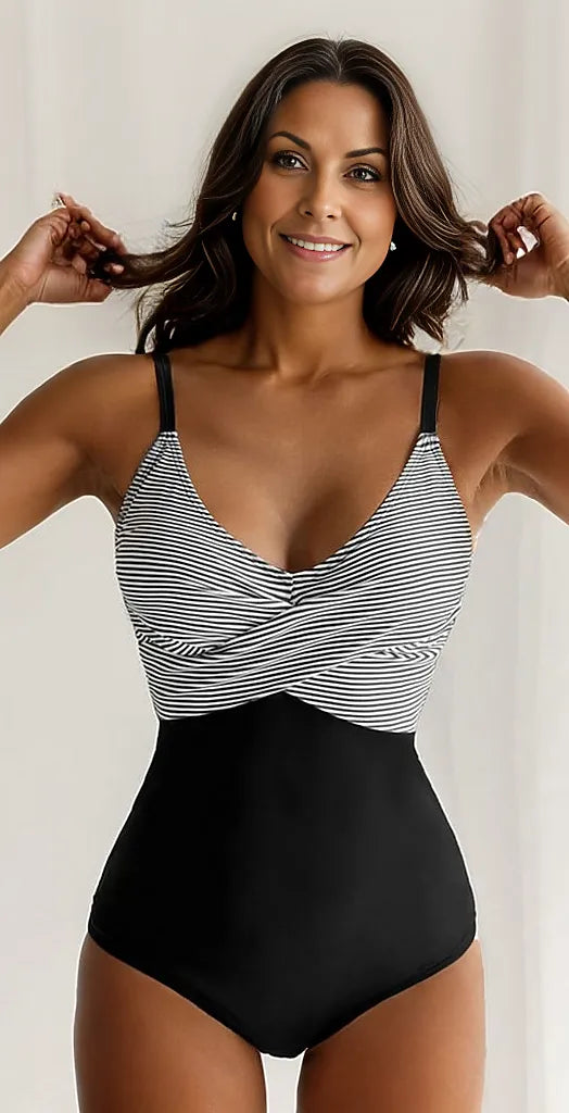 Women's striped one-piece swimsuit with adjustable straps, perfect for beachwear & summer vacation