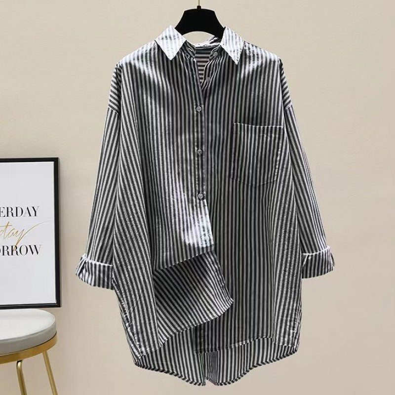 Lightweight women's striped oversized button-down shirt, ideal for summer or spring longline wear.