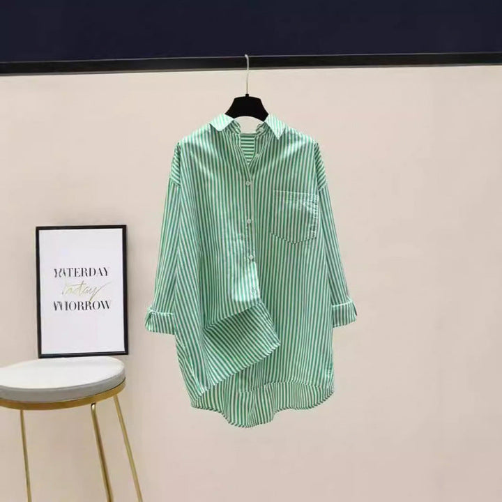 Loose fit women's striped oversized button-down shirt with a classic longline design.
