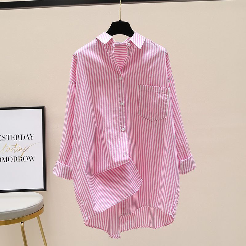 Stylish women's striped oversized button-down shirt, a relaxed longline top for any season.