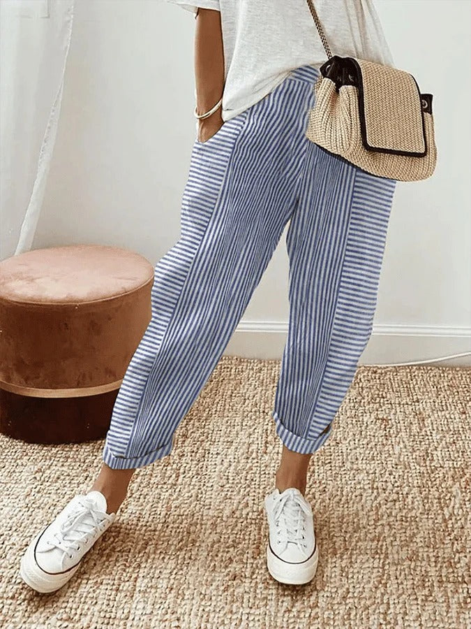 Women's striped relaxed fit trousers with elastic waist. Comfortable casual straight leg summer pants.