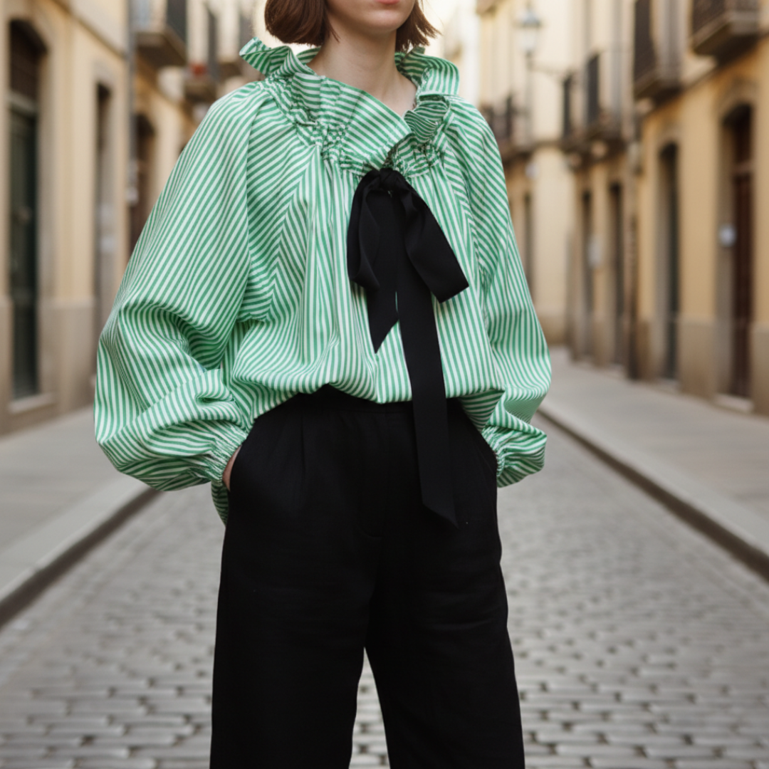 Women's striped ruffle bow tie blouse with elegant balloon sleeves, perfect for office and formal wear.