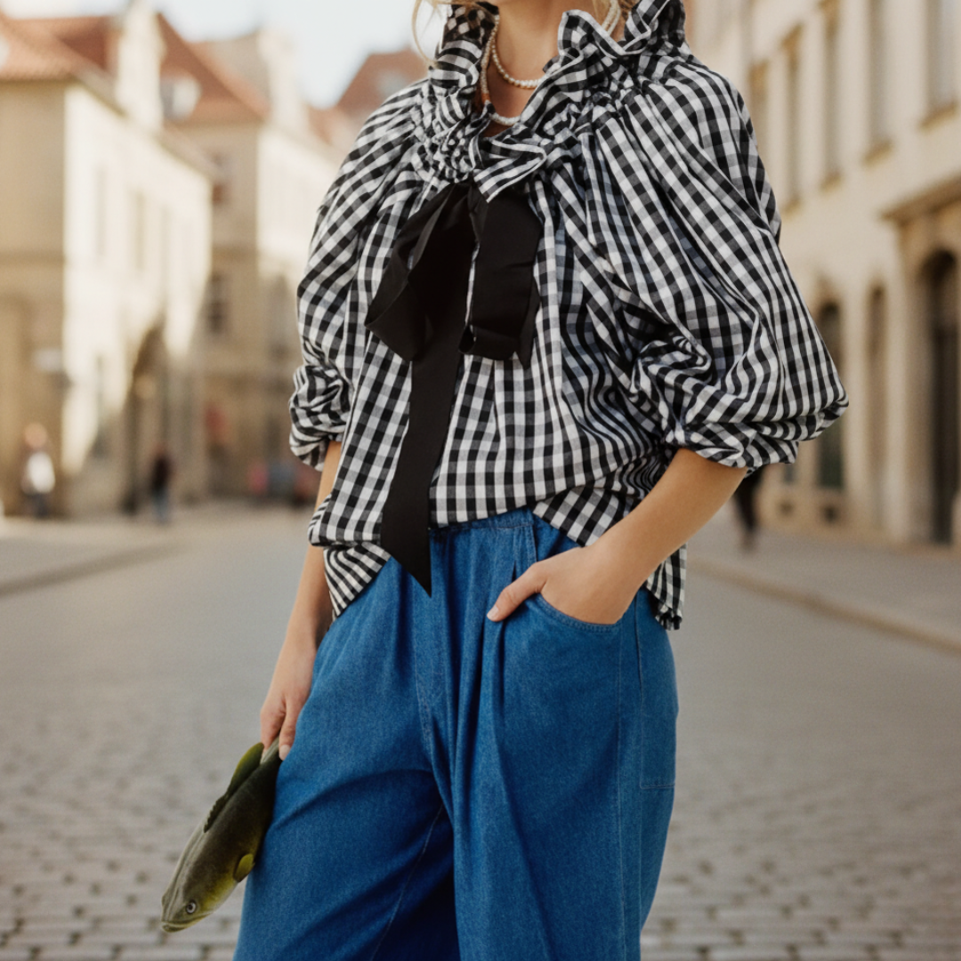 Relaxed fit women's striped blouse, ideal for office or casual wear, with balloon sleeves.
