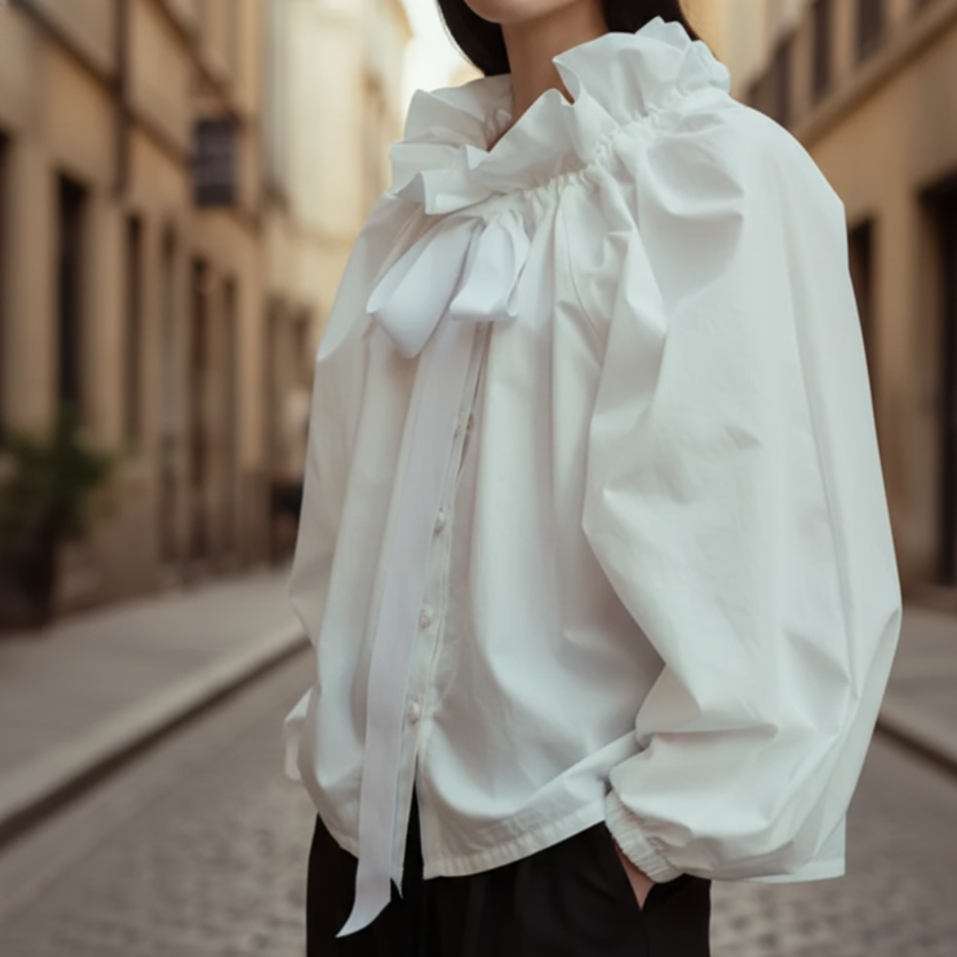 Women's professional striped blouse with elegant balloon sleeves and a flattering ruffle bow tie.