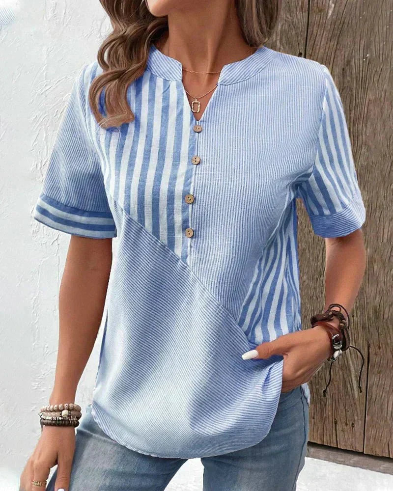 Elegant women's striped short sleeve blouse, ideal for office chic or daily wear.