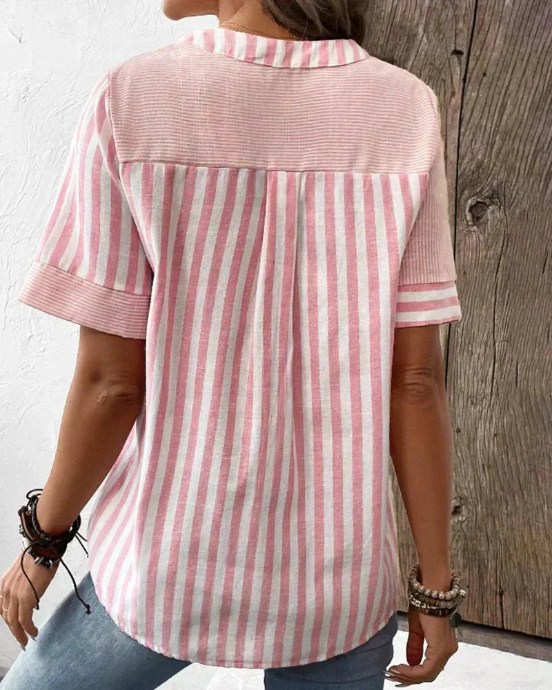 Versatile women's striped short sleeve blouse, suitable for casual outings or professional settings.