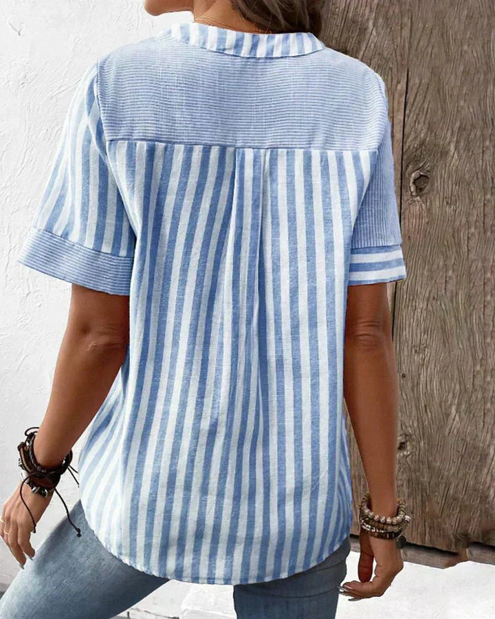 Chic striped pattern short sleeve blouse for women, an elegant addition to your wardrobe.