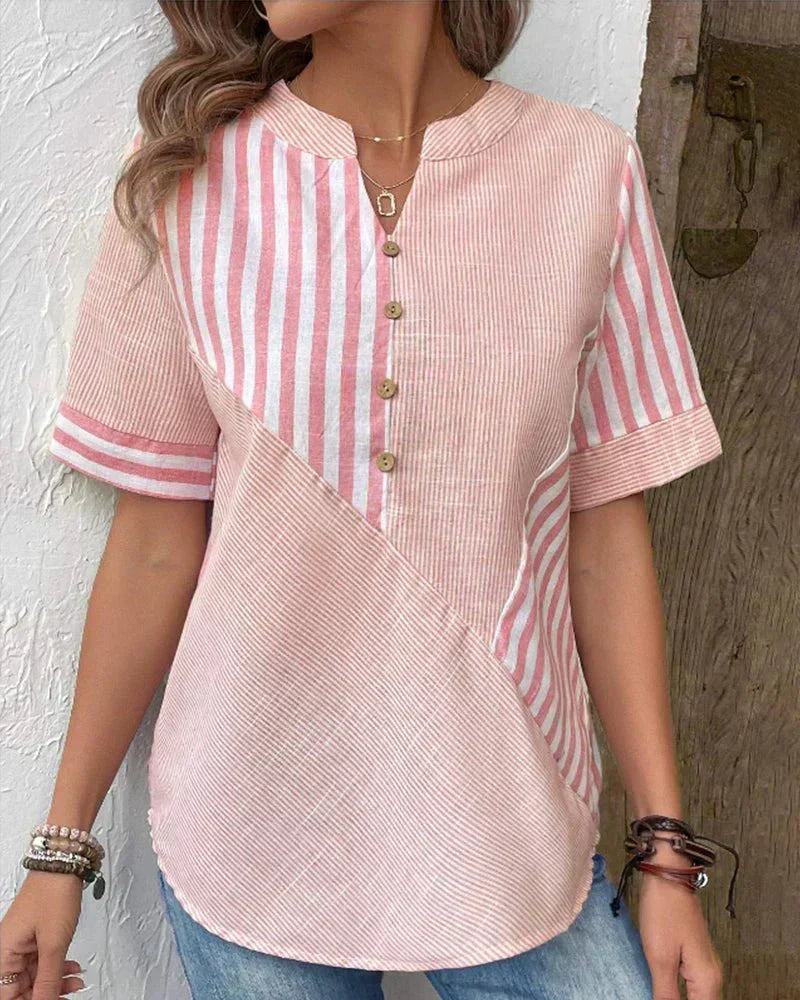 Classic women's striped short sleeve blouse, perfect for everyday casual or office style.