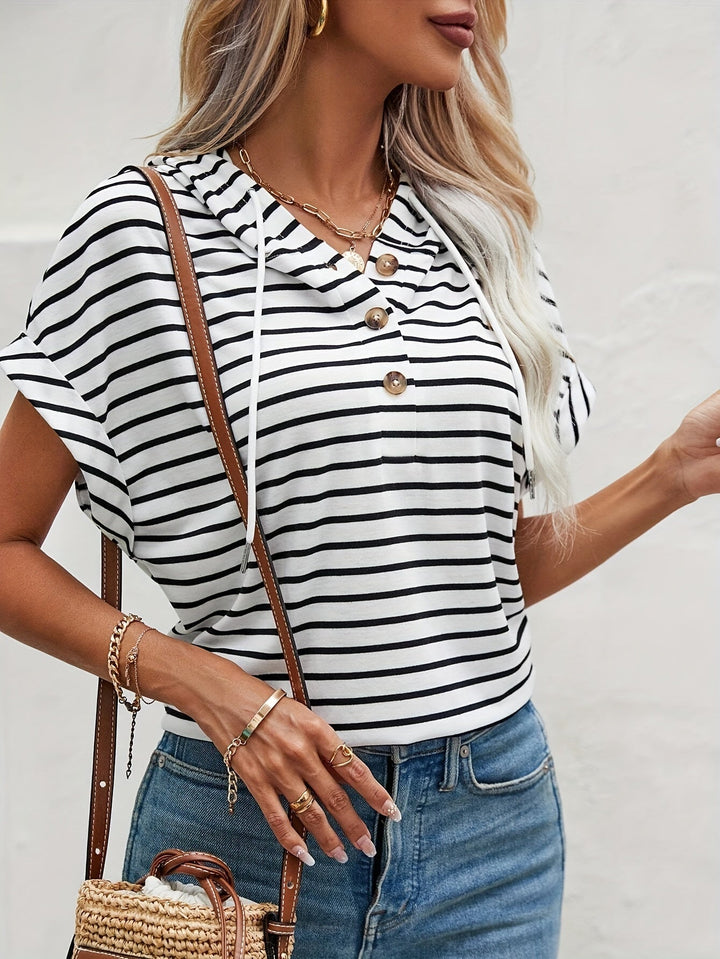 Romy women's striped short-sleeve hoodie with functional button closure, comfortable cotton blend