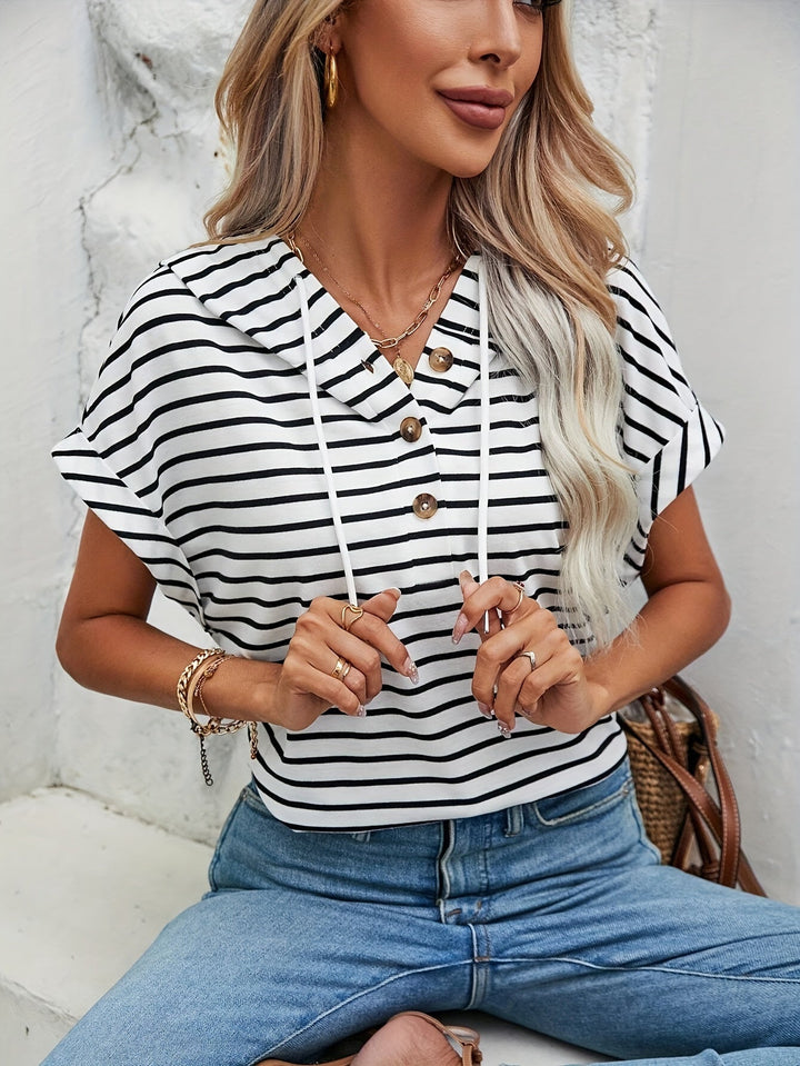 Spring fashion women's striped short-sleeve hoodie, buttoned front, relaxed casual wear top