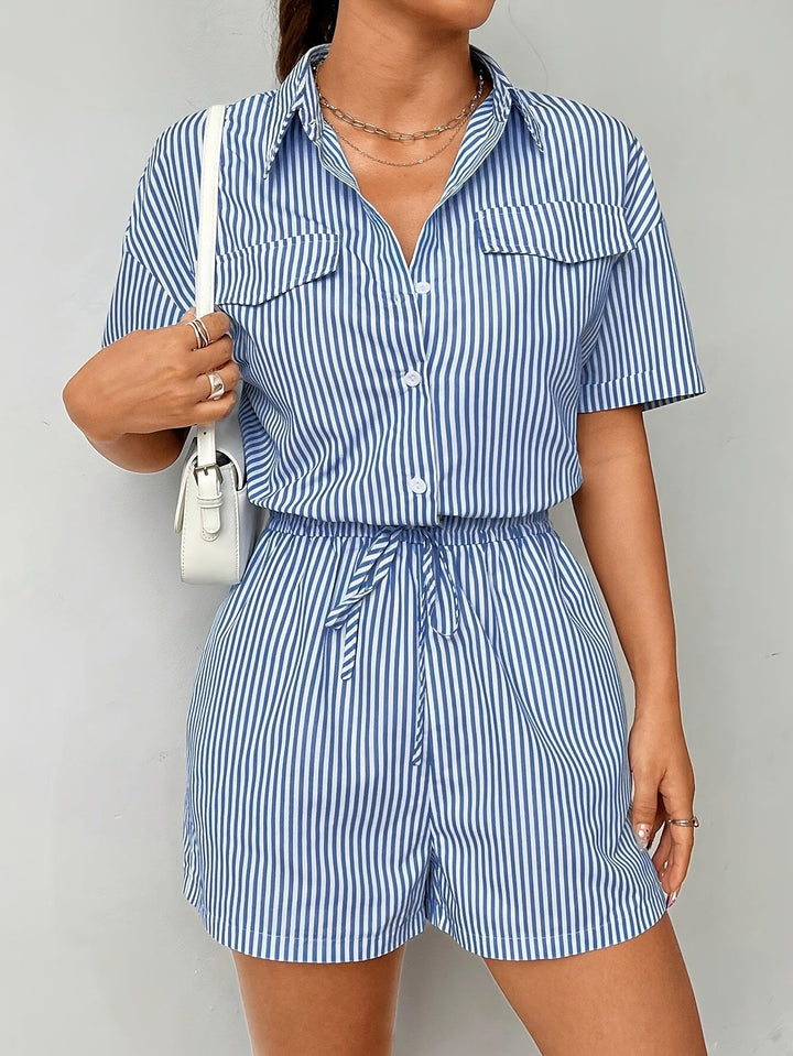 Trendy women's striped short sleeve jumpsuit featuring a button front design.