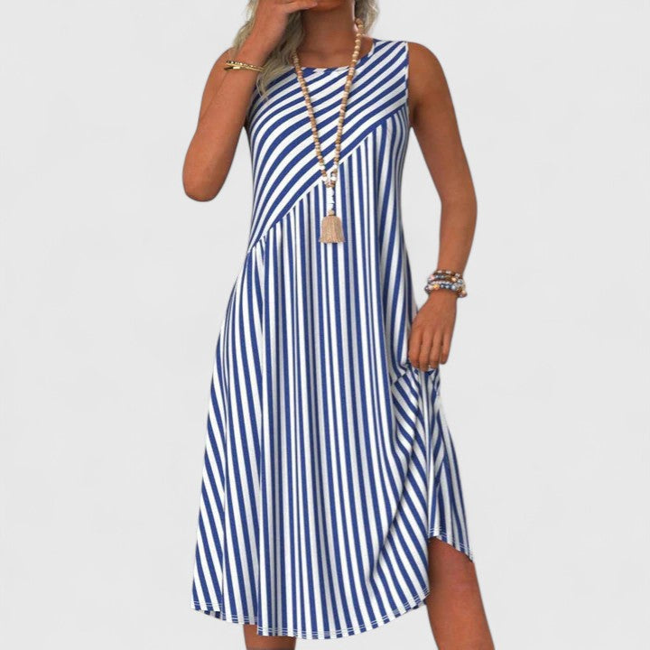 Women's striped sleeveless midi summer dress with round neck. Ideal for casual outings, vacation, or beachwear.