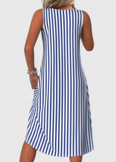 Fashionable women's a-line striped midi dress, sleeveless with a round neck. Perfect casual summer or vacation wear.