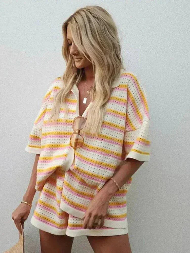 Women's striped summer top & shorts set, comfortable two-piece outfit for casual wear or loungewear.