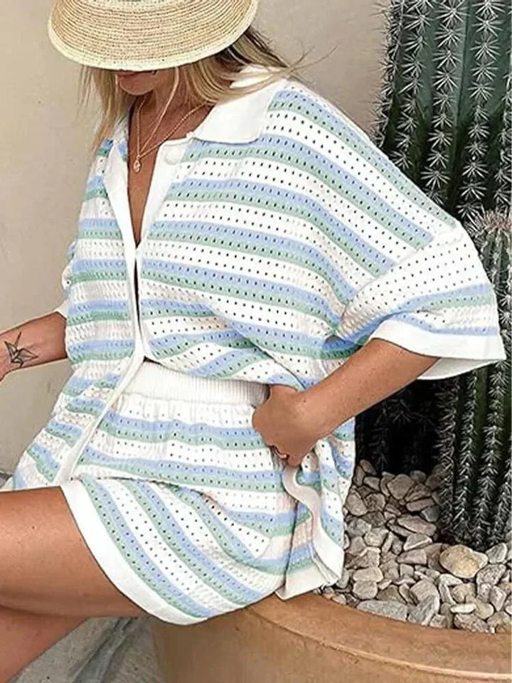 Trendy striped women's summer set with short sleeve top & elastic waist shorts, ideal for vacation.