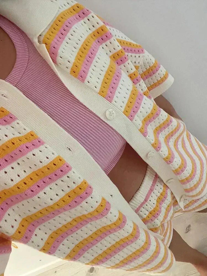 Model wearing a comfortable striped summer shorts set, perfect for a relaxed day or vacation style.