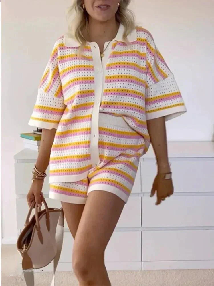 Comfortable women's striped summer top & shorts set, a trendy two-piece for beach, casual or vacation.