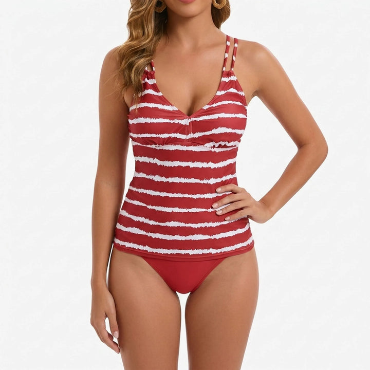 Women's vacation tankini swimwear. Striped top and bikini bottom set for beach, pool, and comfortable wear.