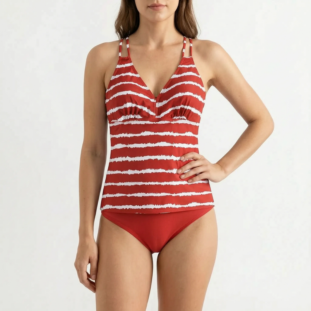 Women's comfortable striped tankini set. Stylish two-piece swimwear with bikini bottom, perfect for beach & pool.