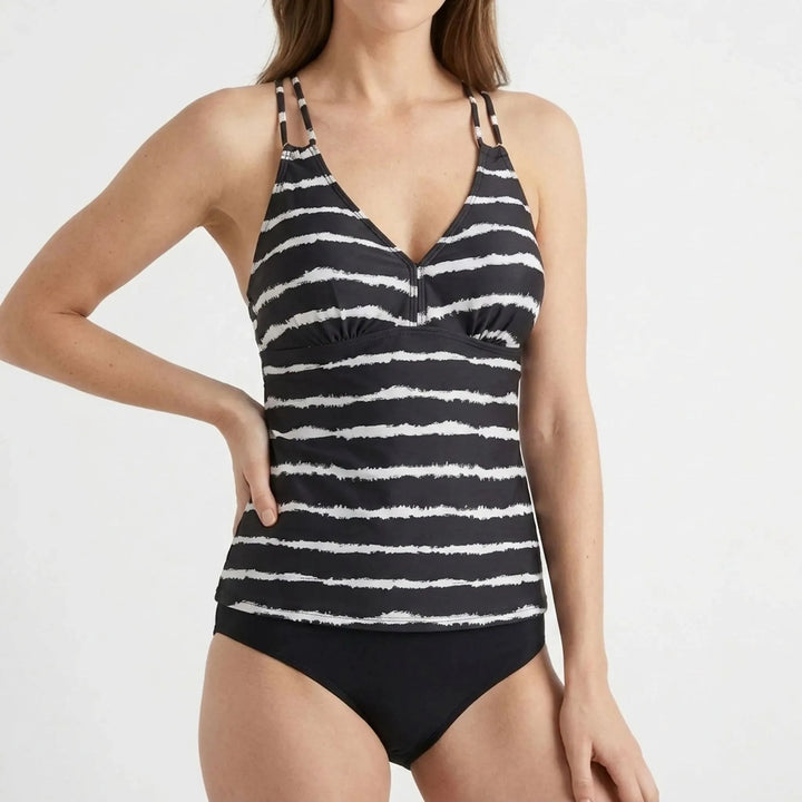 Striped tankini top and bikini bottom. Women's two-piece swimsuit set with adjustable straps for beach & pool.