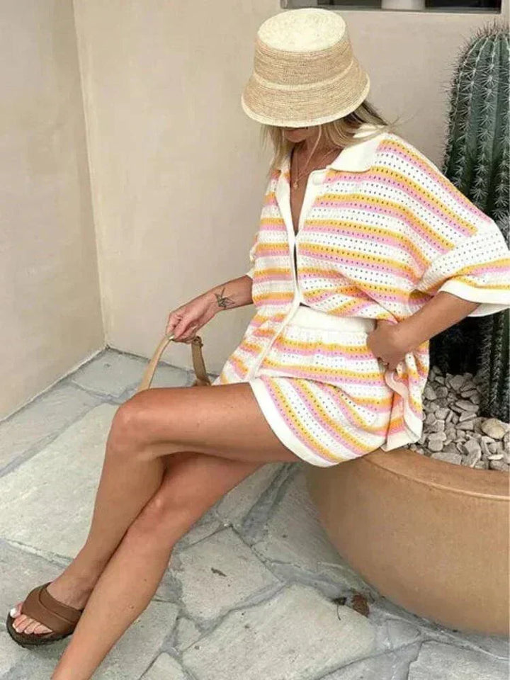 Chic women's striped short outfit, a trendy two-piece clothing set for warm weather fashion.