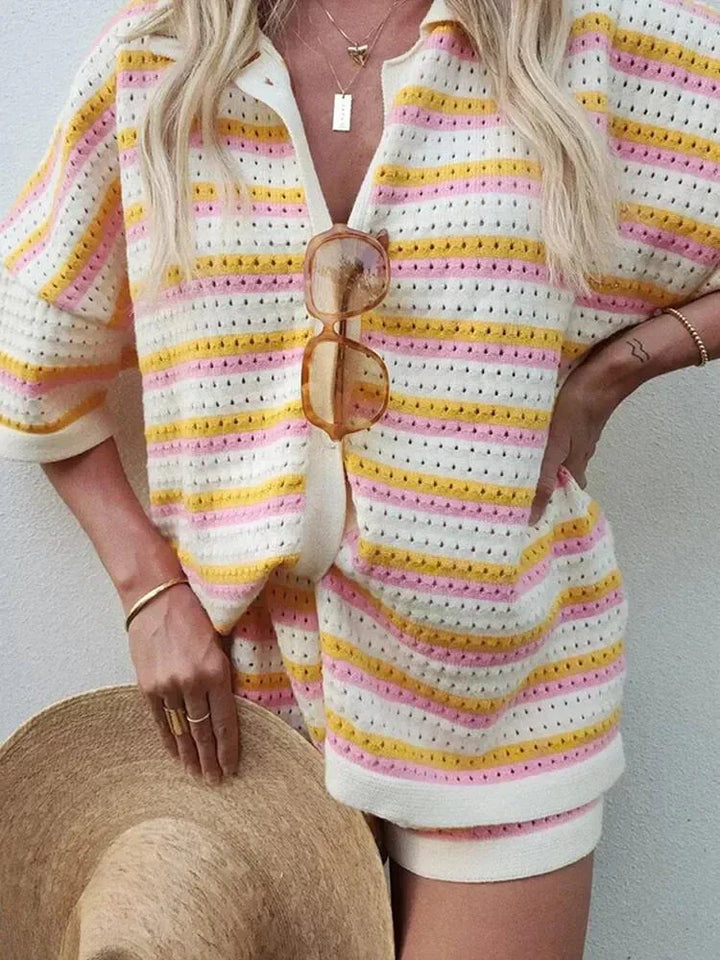 Lightweight women's striped two-piece vacation set, with a short-sleeve top and comfy shorts.