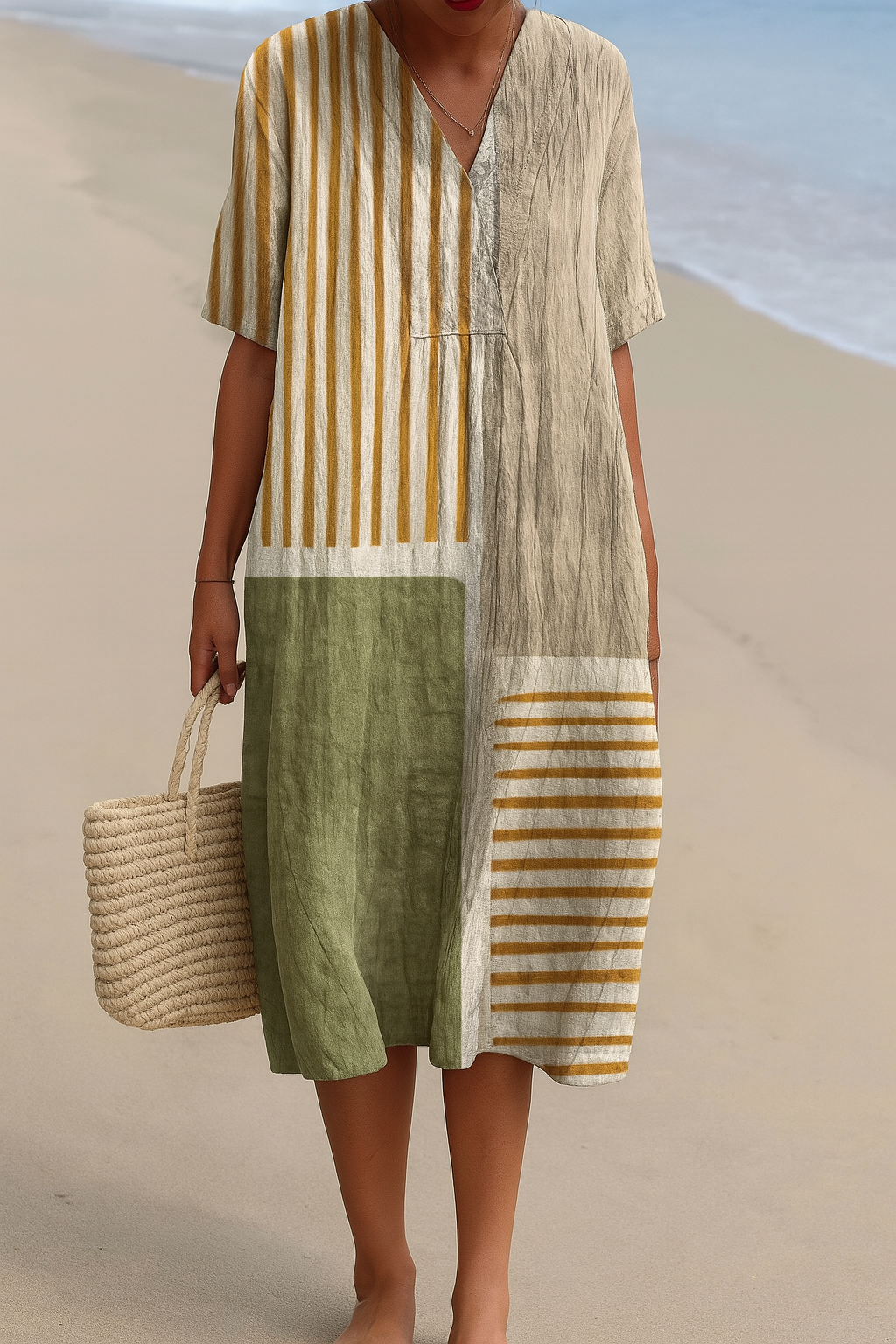 Women's striped V-neck midi dress in earth tones, perfect for a casual, flowy summer or spring look.