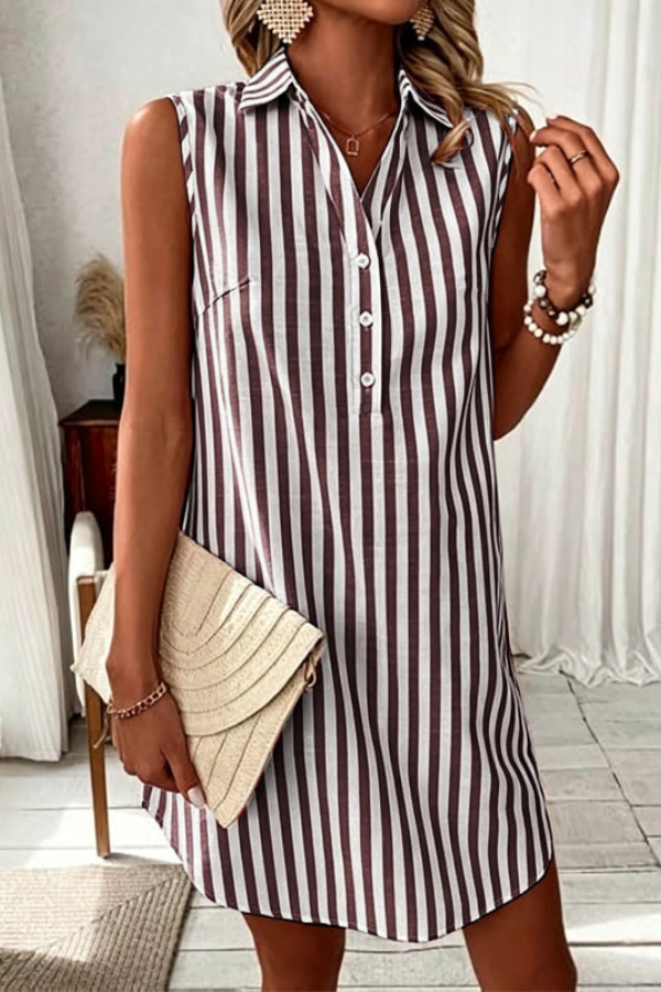 Sleeveless striped V-neck button-front shirt dress for women, ideal for summer days.