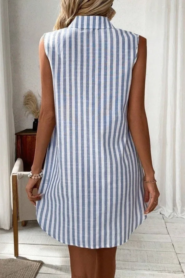 Striped V-neck button-front midi dress for women, versatile casual & vacation outfit.