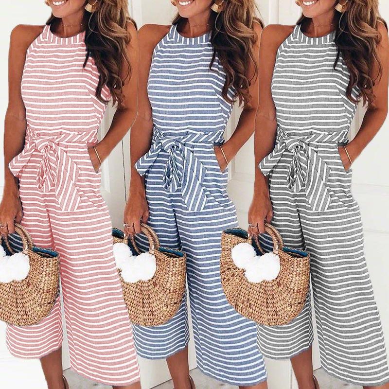 Versatile striped women's jumpsuit with V-neck and wide legs, suitable for various occasions