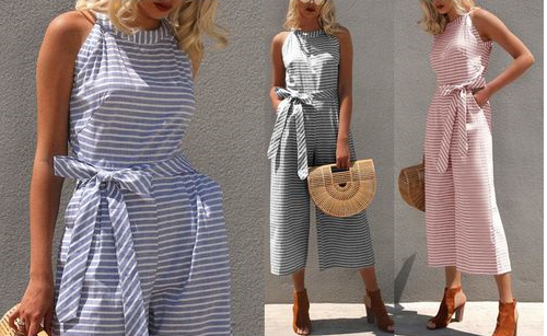 Stylish sleeveless striped V-neck wide leg jumpsuit for women, embraces summer casual wear