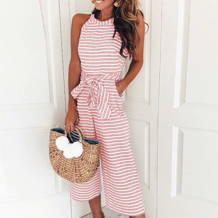 Summer-ready striped V-neck wide leg jumpsuit for women, a stylish one-piece casual wear