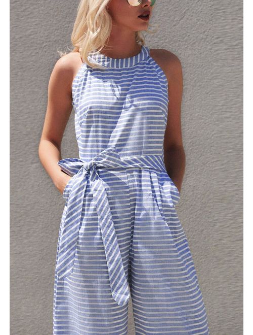 Elegant striped V-neck jumpsuit for women with wide legs, great for vacation or everyday