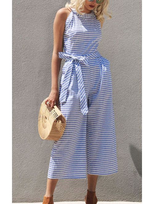 Fashionable women's striped V-neck wide leg jumpsuit, essential for summer casual style