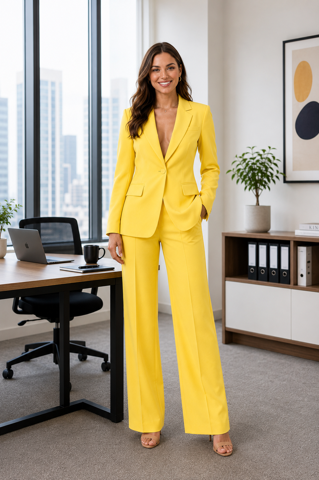 Versatile women's blazer and trousers set, suitable for business, elegant events, and professional office attire.