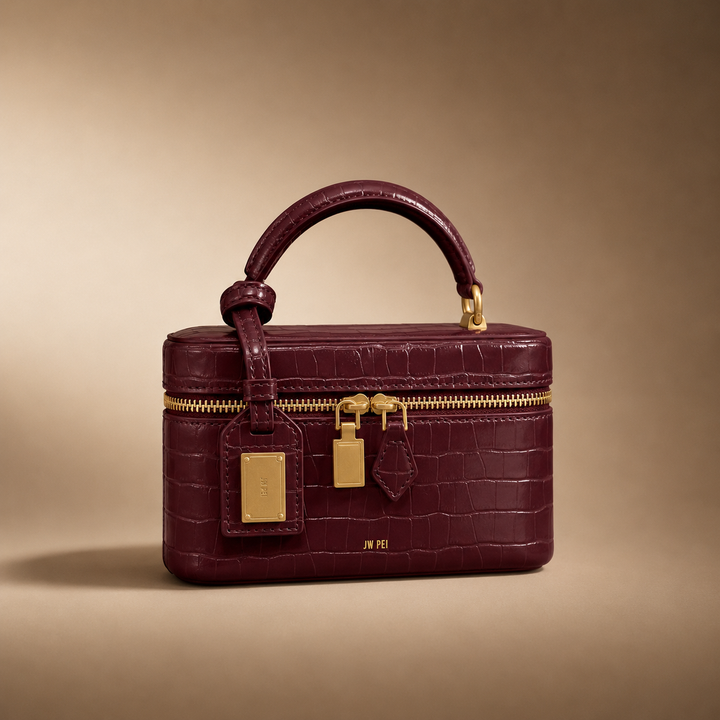 Close-up of a women's structured box bag, showcasing its intricate crocodile-embossed texture and sturdy design.