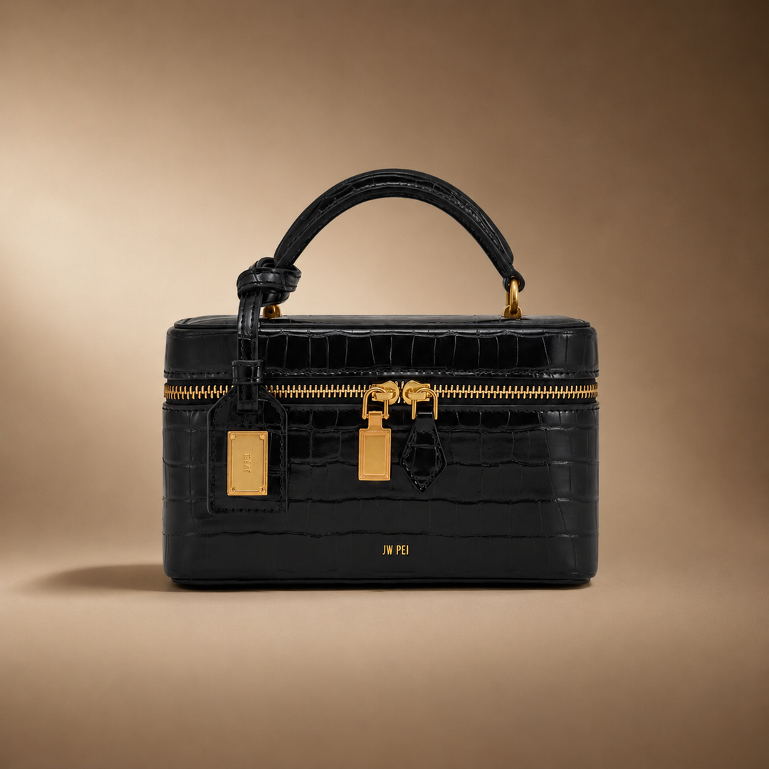 Woman carrying a sophisticated structured embossed box bag, a trendy crocodile texture handbag.
