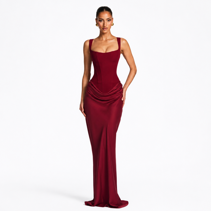 Elegant women's corset maxi dress, structured bodice & wide straps, ideal for formal evening events.