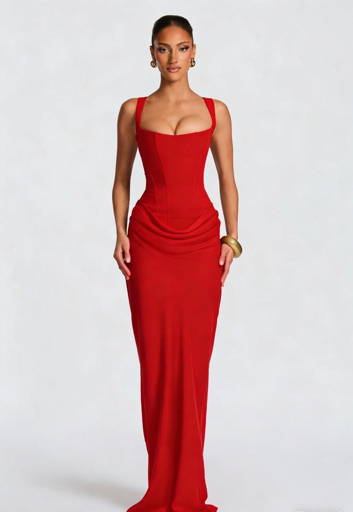 Chic women's formal corset maxi dress, wide straps, draped skirt, sleeveless, floor length evening wear.