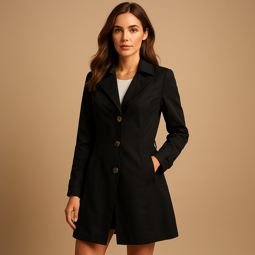 Women's structured fit trench coat with elegant button closure, ideal for workwear & office attire.