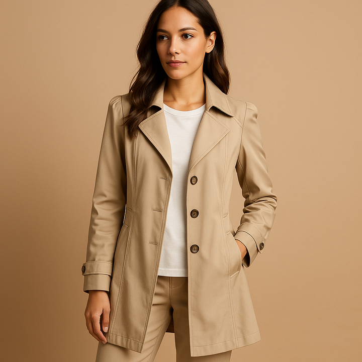 Elegant ladies trench coat, a structured fit jacket with button closure for sophisticated work & casual style.