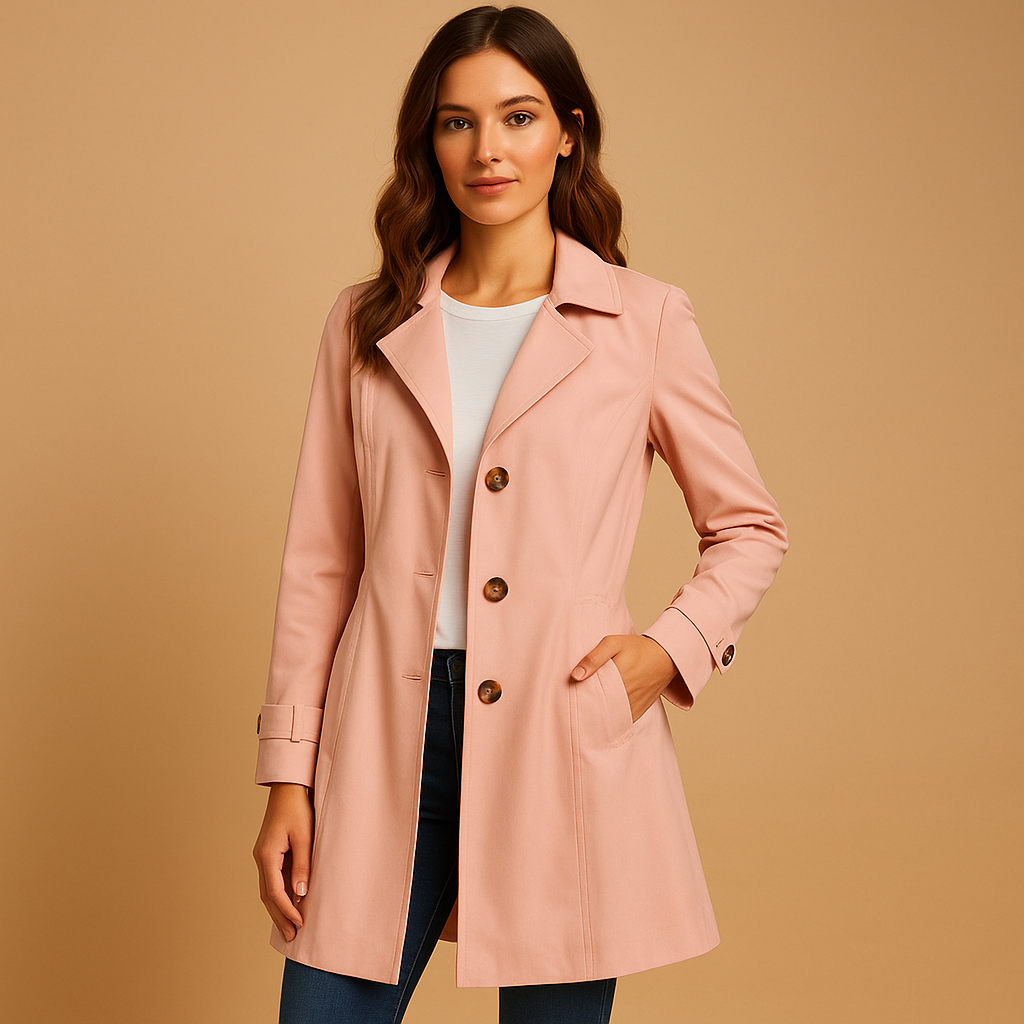 Classic women's workwear trench coat, a structured outerwear piece with full button closure for professional style.