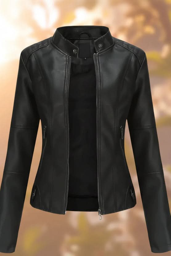 Women's structured leather jacket, tailored for a chic & modern look. Versatile outerwear for elegant style.