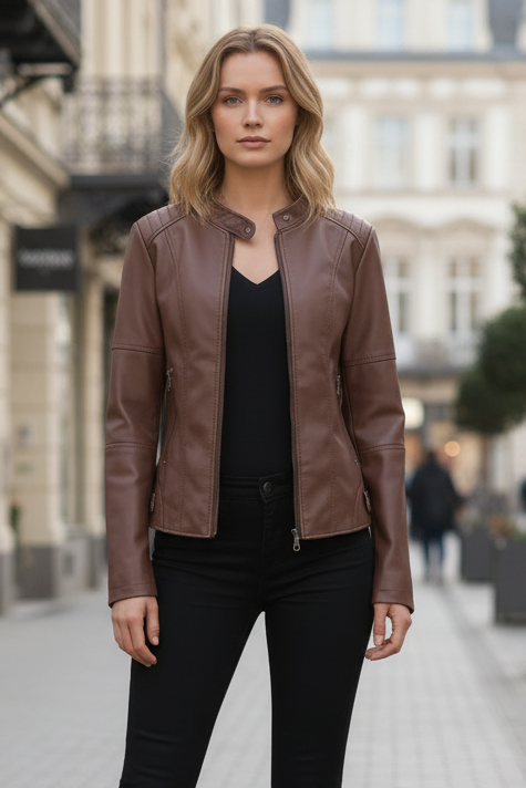 Tailored women's leather jacket featuring a structured silhouette. Perfect for versatile fashion & everyday wear.