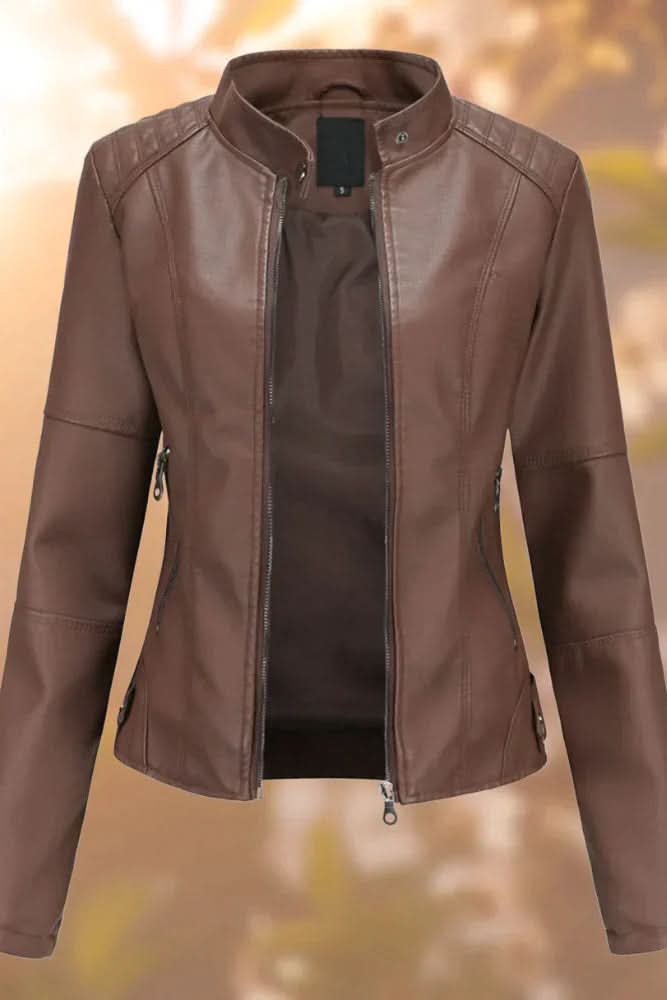 Chic women's modern leather jacket, designed with a structured fit & elegant lines. Versatile outerwear piece.