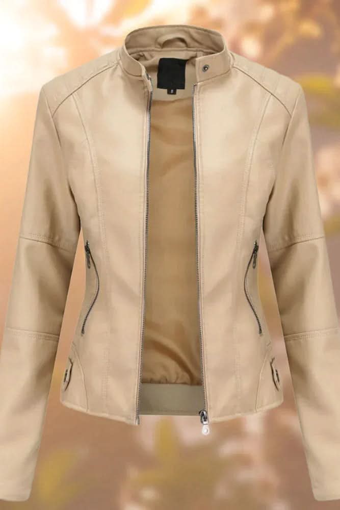Stylish women's leather jacket with a structured, tailored design. Ideal for chic modern layering.