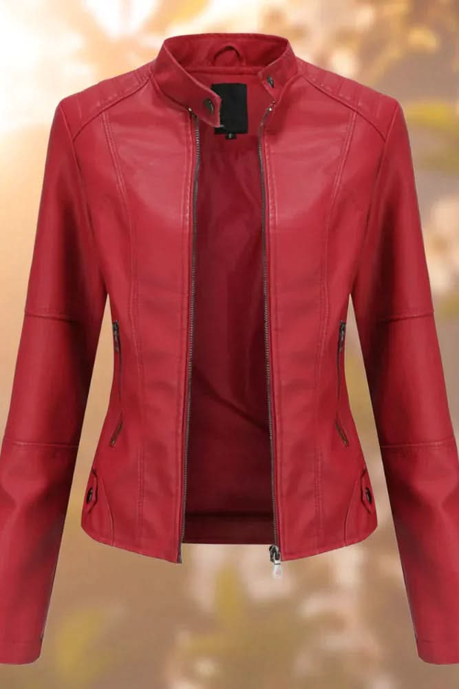 Versatile women's structured leather jacket, offering a tailored fit & chic style for any occasion.