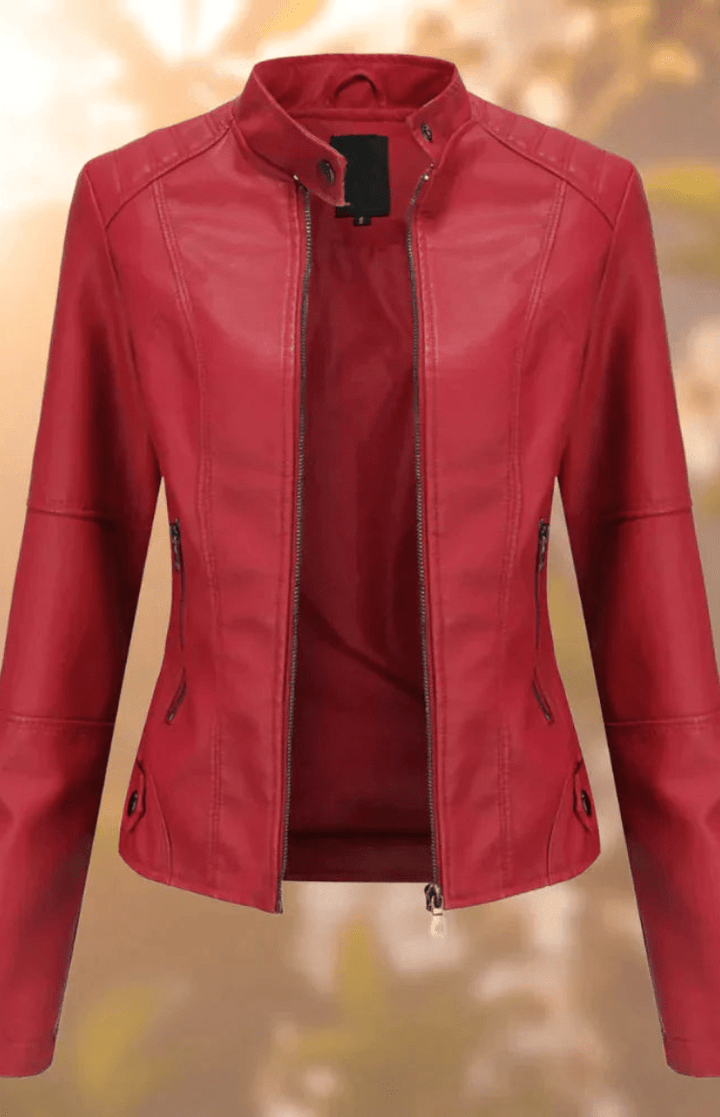 Fashionable women's structured leather jacket, a key piece of versatile outerwear for an elegant look.