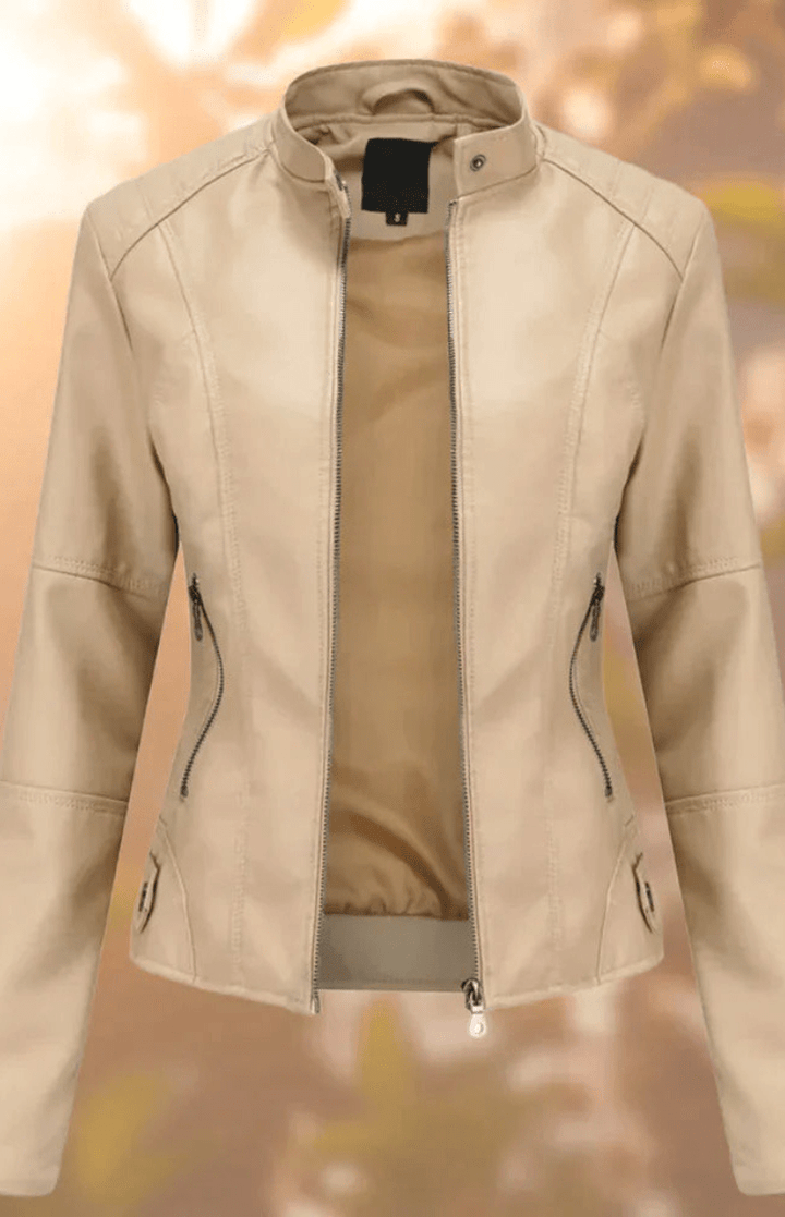 Structured women's leather jacket, featuring sharp tailoring & a modern design. Perfect for elegant layering.
