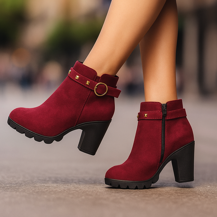 Women's studded block heel ankle boots, perfect for fall fashion and all-day comfort.